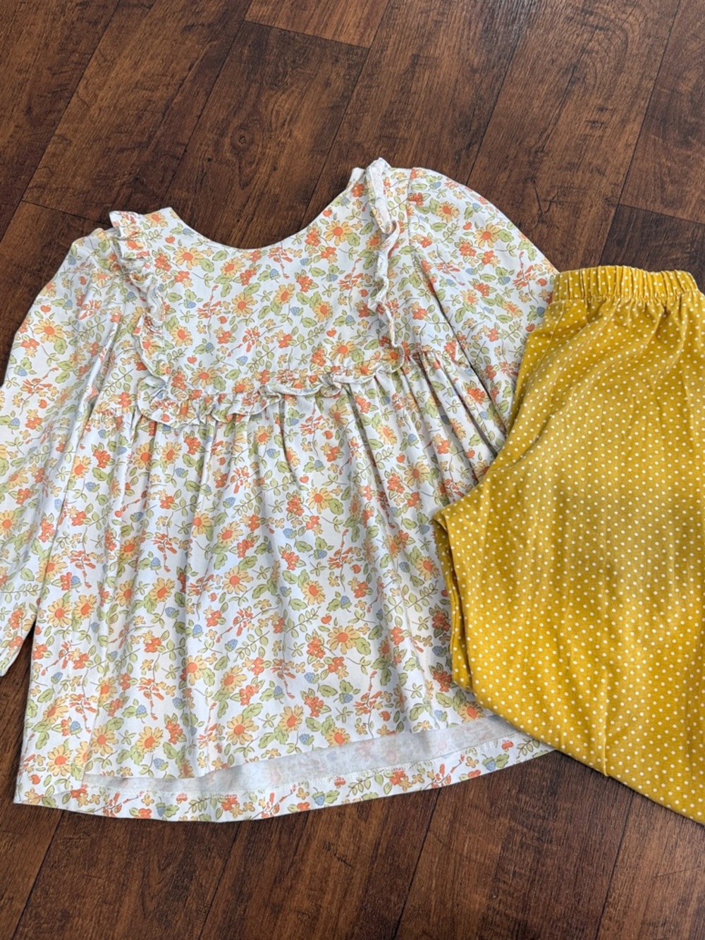 Girls Fall Floral Ruffle Top & Mustard Polka Dot Pants Set